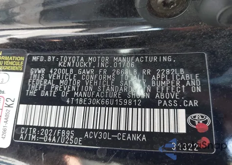 2006 Toyota Camry Le from USA, damaged, VIN 4T1BE30K66U159812